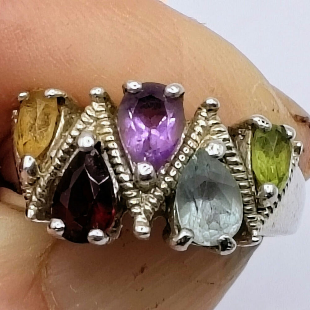 925 Sterling Silver Citrine Garnet Amethyst Topaz Peridot Ring Sz 6.25